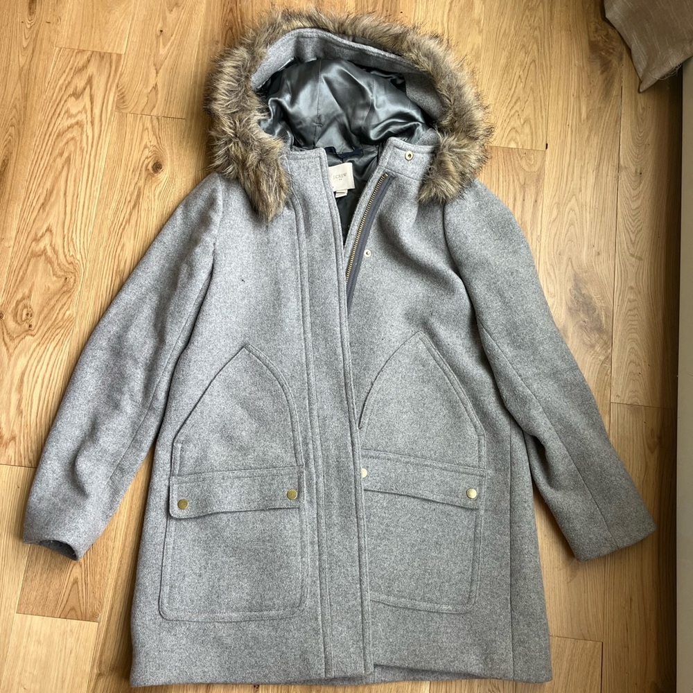 J. Crew Gray Coat with Faux Fur Hood US 10